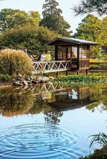 A gazebo offers a relaxing spot to rest near the water.